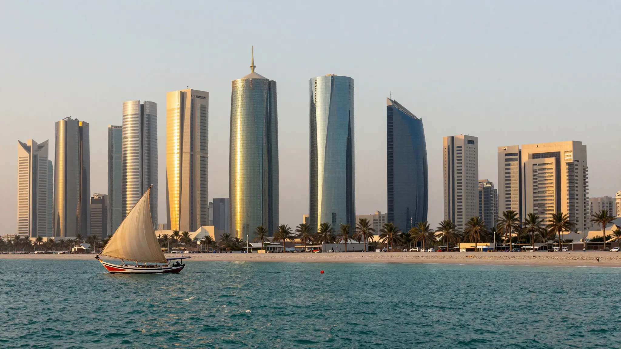 أفق العاصمة المنامة في مملكة البحرين عند الغروب مع أبراج حديثة ومياه الخليج العربي
